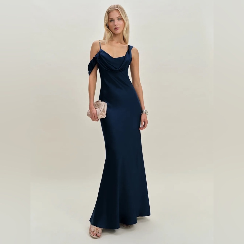 Reformation NWT 12 Ronda Silk Maxi Dress Navy Blue